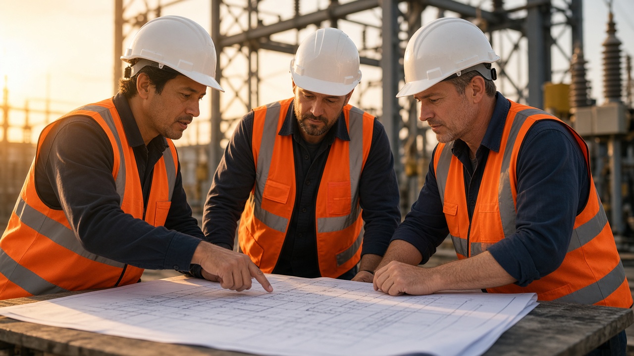 JPEC crew reviewing plans on a job site